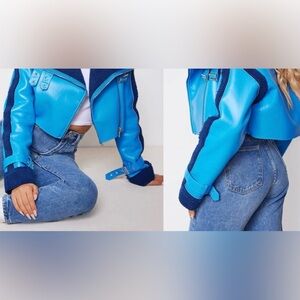 💥RETRO CHIC💥 BORG CROPPED AVIATOR JACKET In BLUE LEATHER